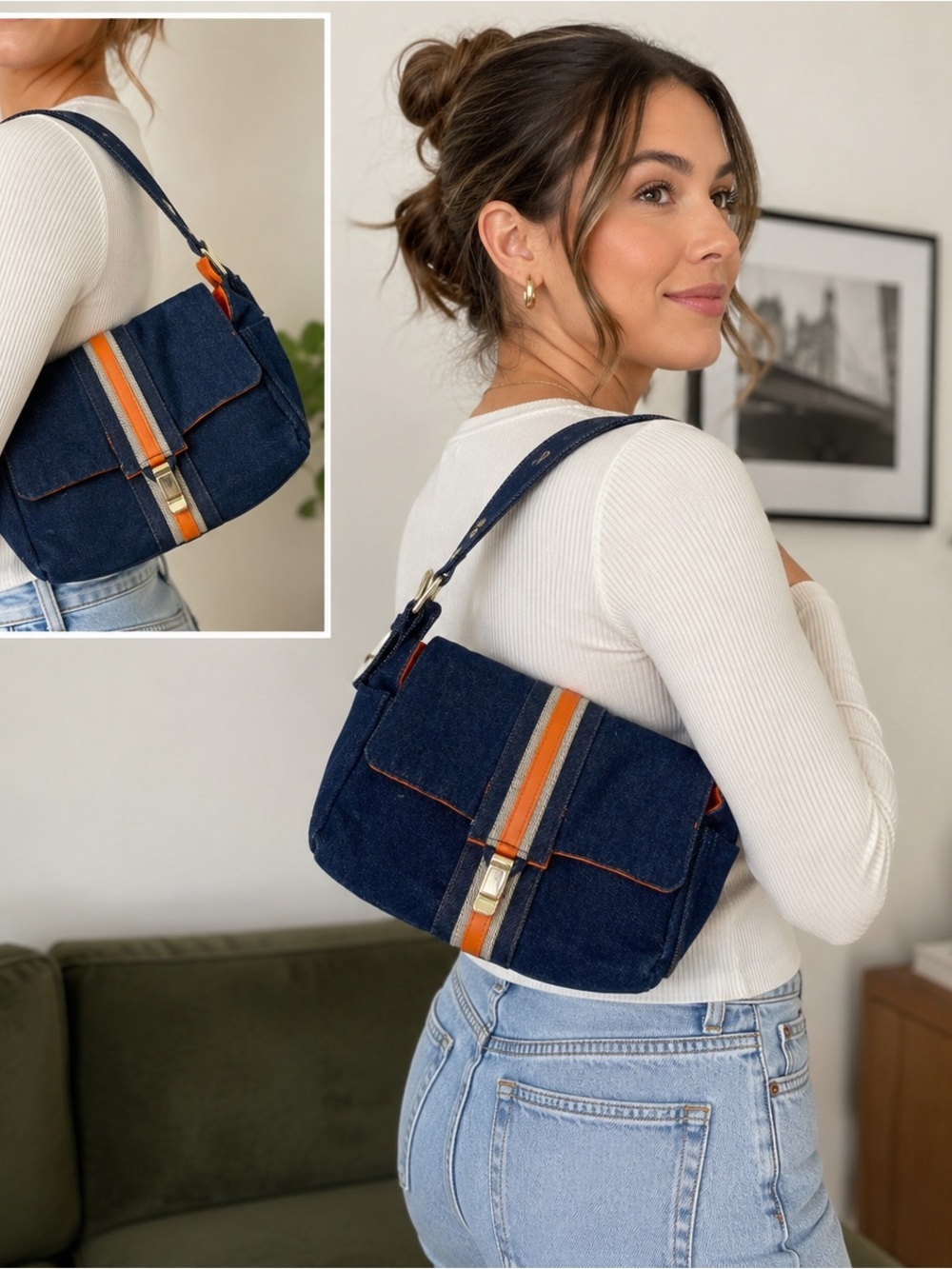 Y2K Vintage Glow by J.Lo Denim and Canvas Shoulder Mini Bag Adjustable Strap